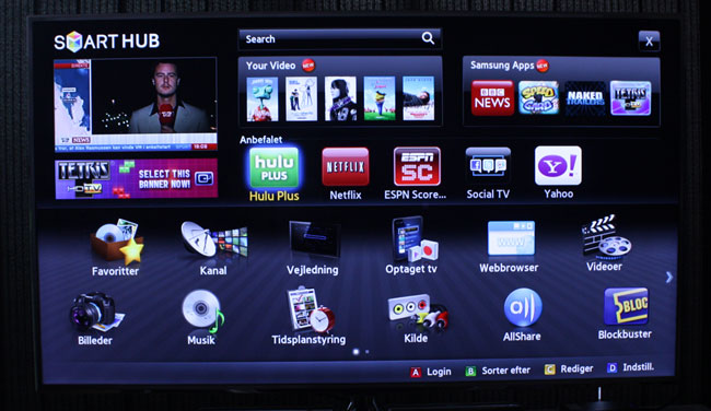 Her er et af Samsungs Smart TV opsat som et amerikansk Tv. Bemærk tjenester såsom Netflix, Hulu og Blockbuster